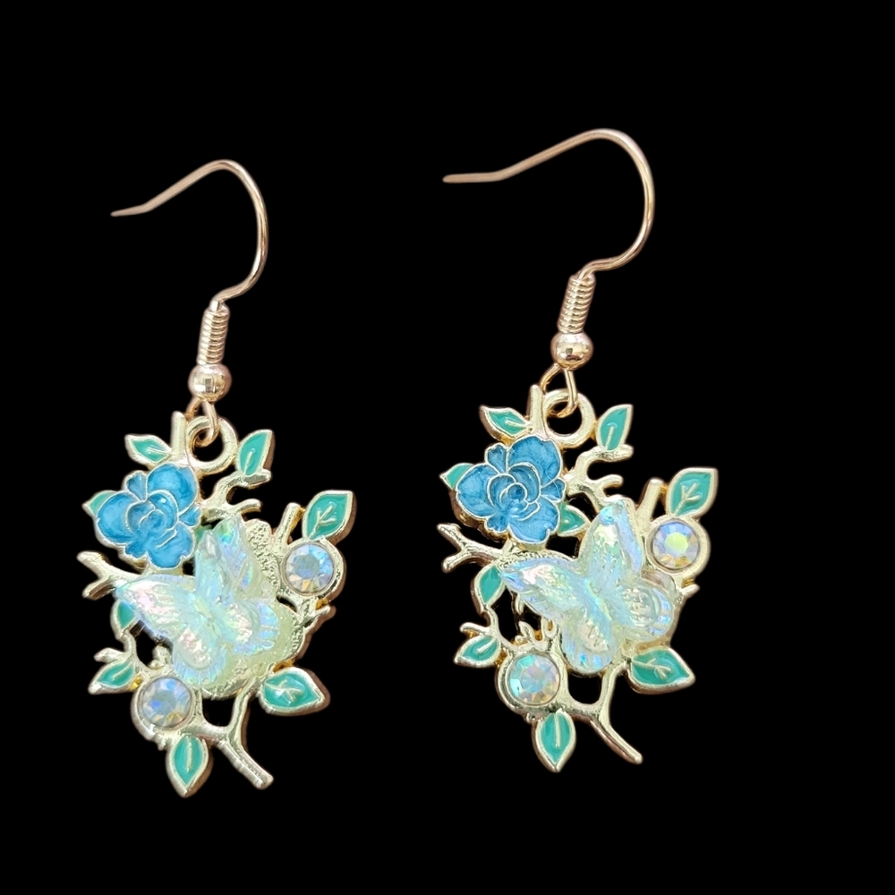 Blue Butterfly on Flowers Earrings